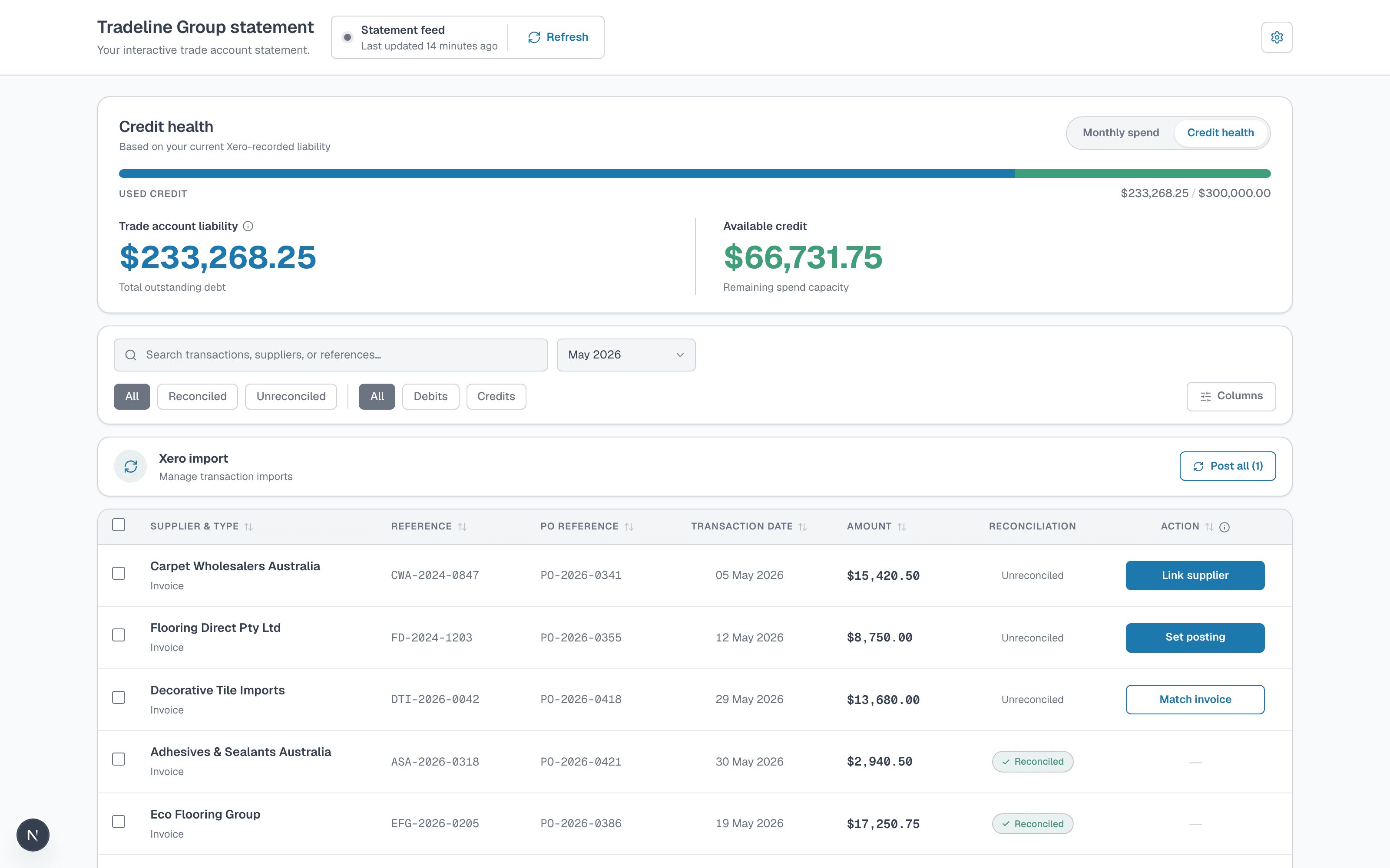 SwiftStatement app screenshot showing a trade account statement with unmatched invoices